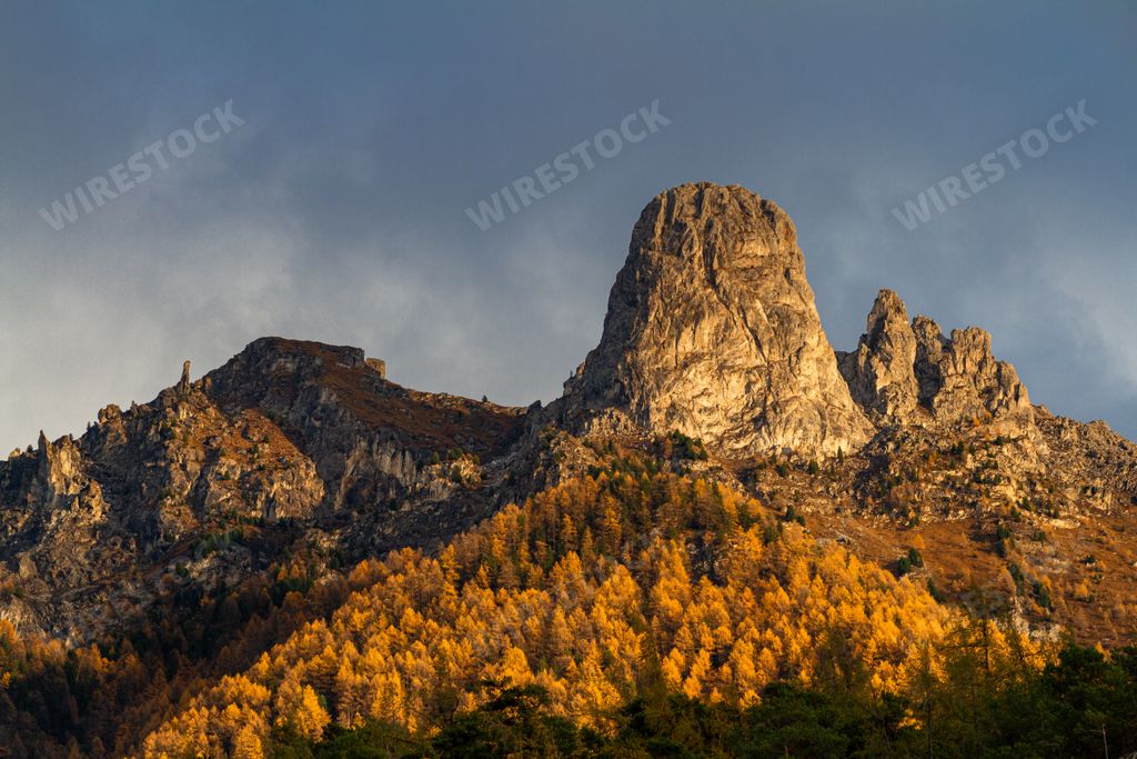 Autumnal setting sun on the golden larches covering the Pierre Avoi in Saxon, Valais, Switzerland