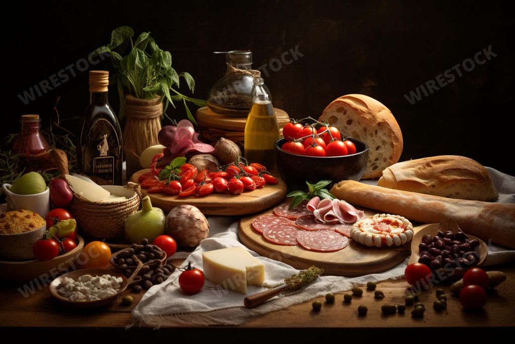 An AI generated illustration of a wooden table with an assortment of freshly-prepared foods and baked goods