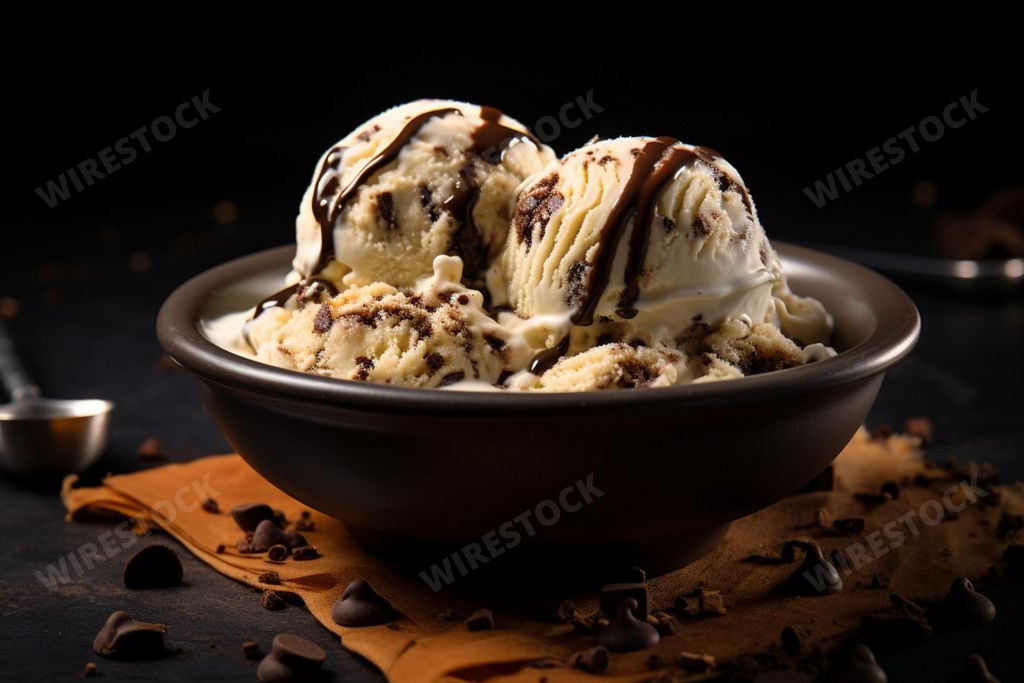 An AI generated illustration of a bowl of delicious ice cream with chocolate chip cookies