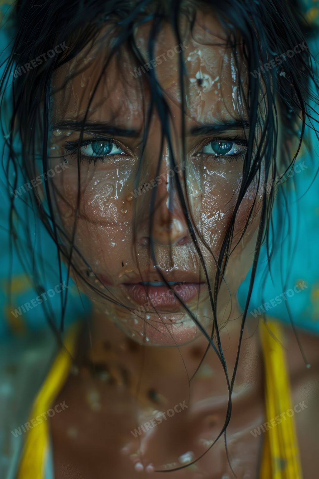 An AI generated illustration of A fierce woman standing in the rain, Ukraine