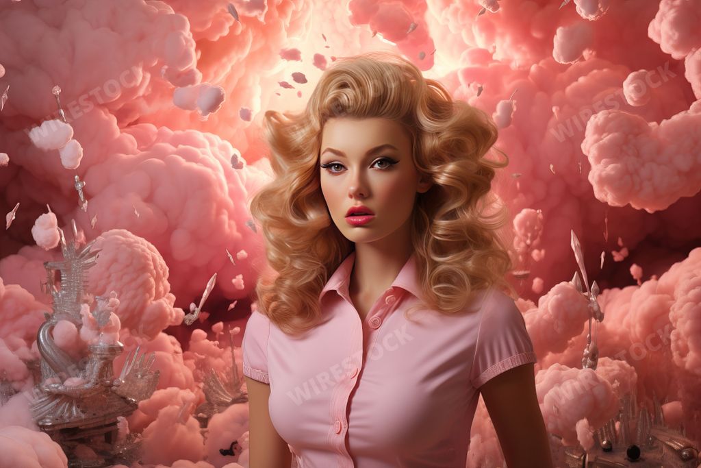 An AI generated illustration of A young woman stands in a studio setting with a backdrop of soft, pink cotton candy clouds