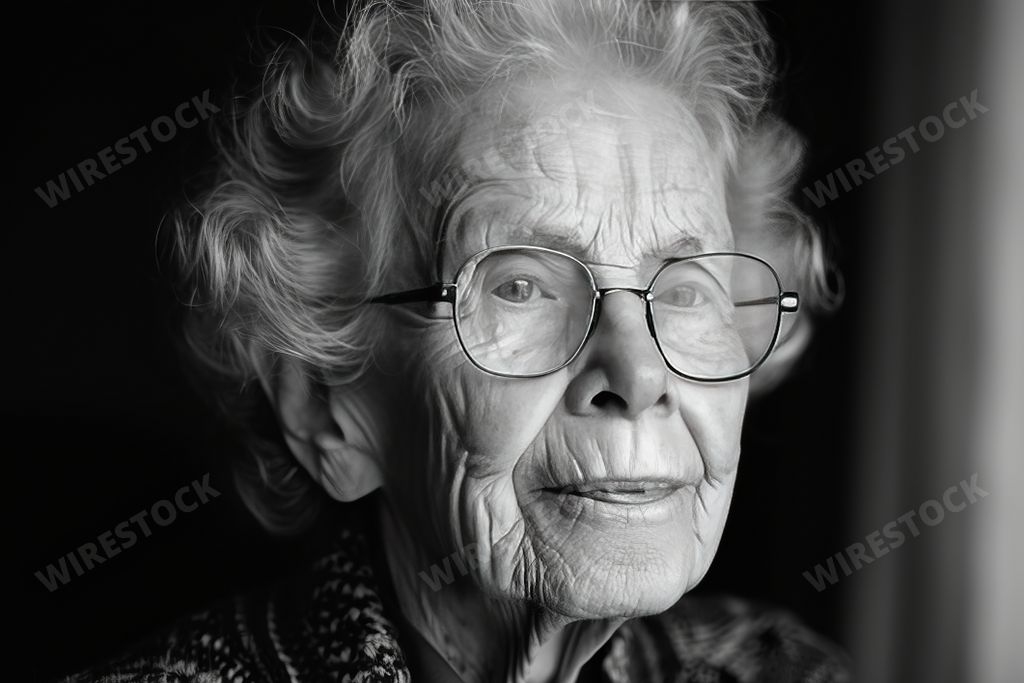 An AI generated illustration of Elderly woman wearing glasses in a black and white portrait
