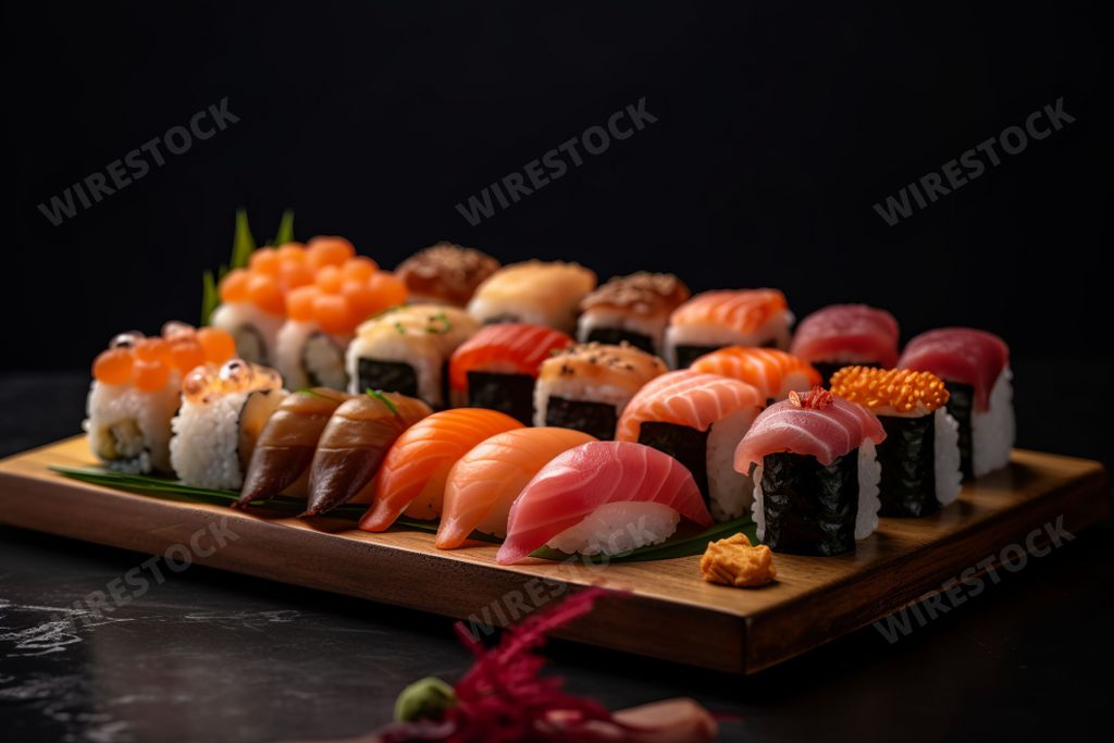 An AI generated image of Japanese sushi rolls on wooden kitchen board