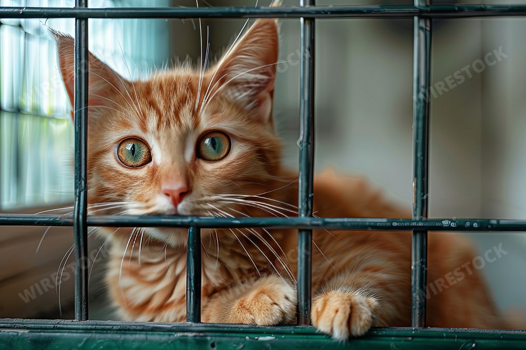 A cat peeking out from a window in a cage, AI-generated.