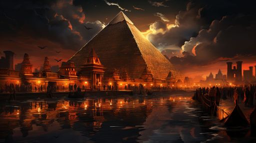 AI generated illustration of the Giza pyramids illuminated at night ...