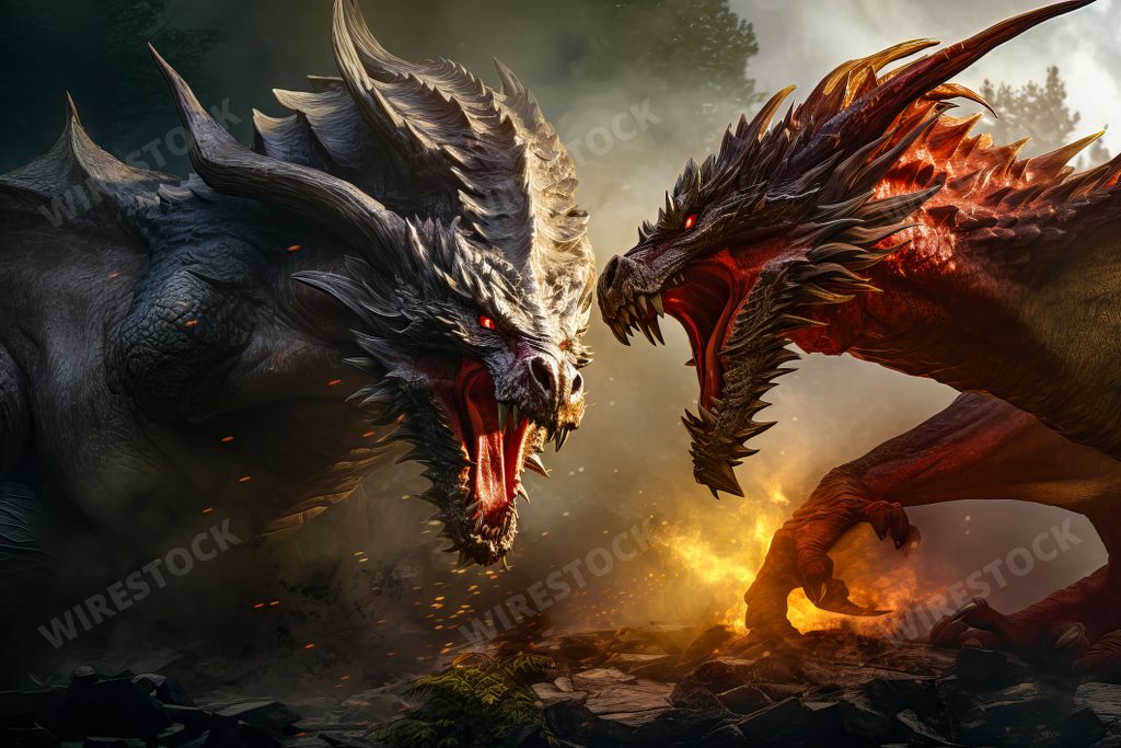 An AI generated illustration of two mythical dragons engaged in an epic struggle