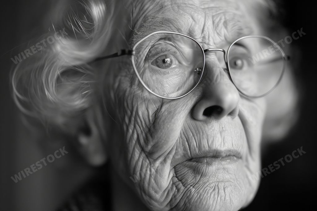 An AI generated illustration of Elderly woman wearing glasses gazes curiously into the camera