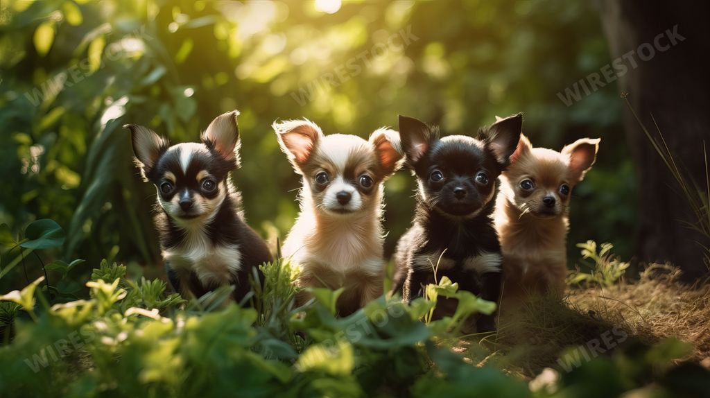 An AI generated illustration of three small Chihuahua dogs standing on a large rock in a grassy meadow