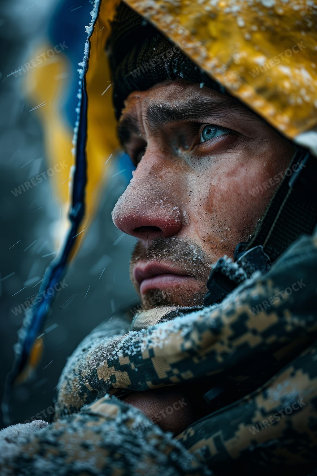 An AI generated illustration of A soldier sitting in snow, Ukraine, War