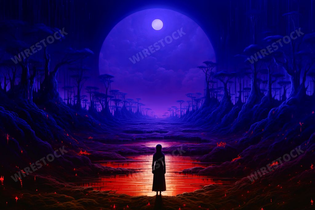 An AI generated illustration of A young female standing in a river at night, looking up in awe and admiration at the starry night sky
