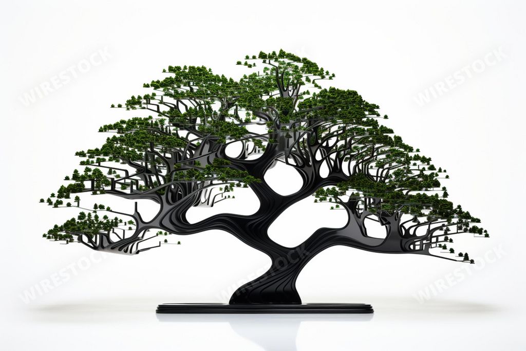 An AI illustration of A beautiful bonsai tree is displayed in a contemporary black base, with three small holes in the side