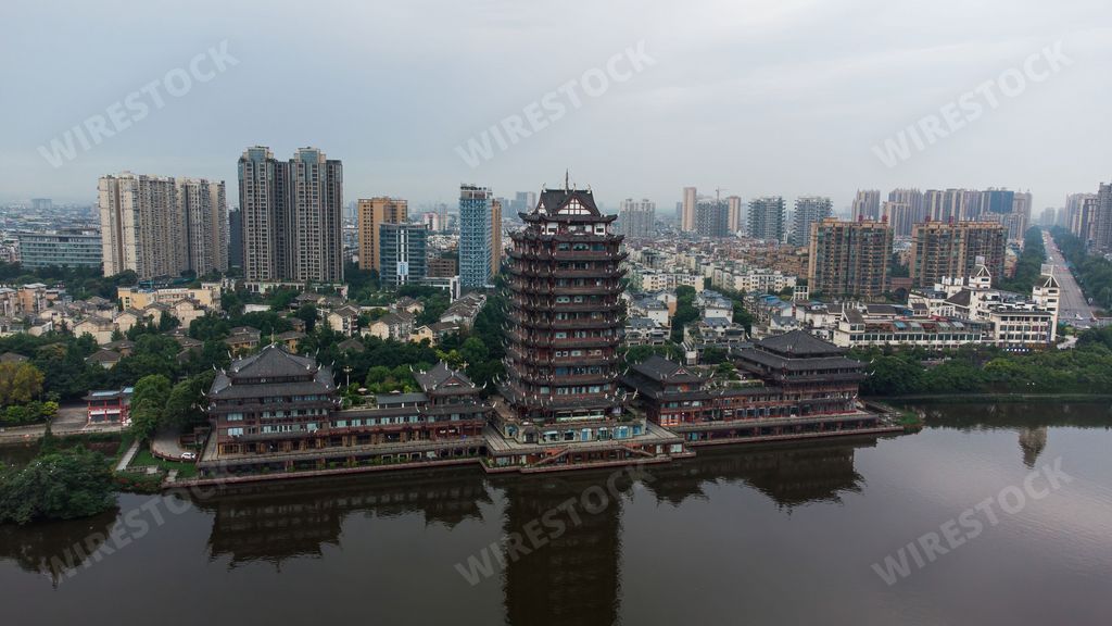 A drone view of the Dongpo Urban Wetland Park near Minjiang river, Meishan city, China