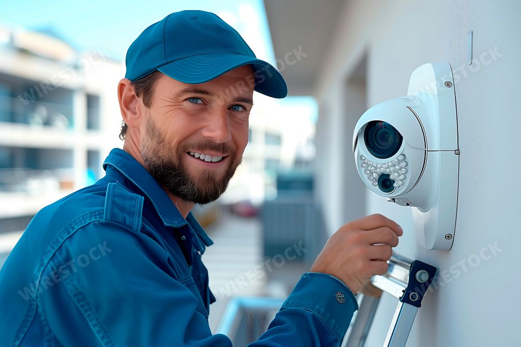 An AI generated illustration of Man mounting outdoor security camera on building wall