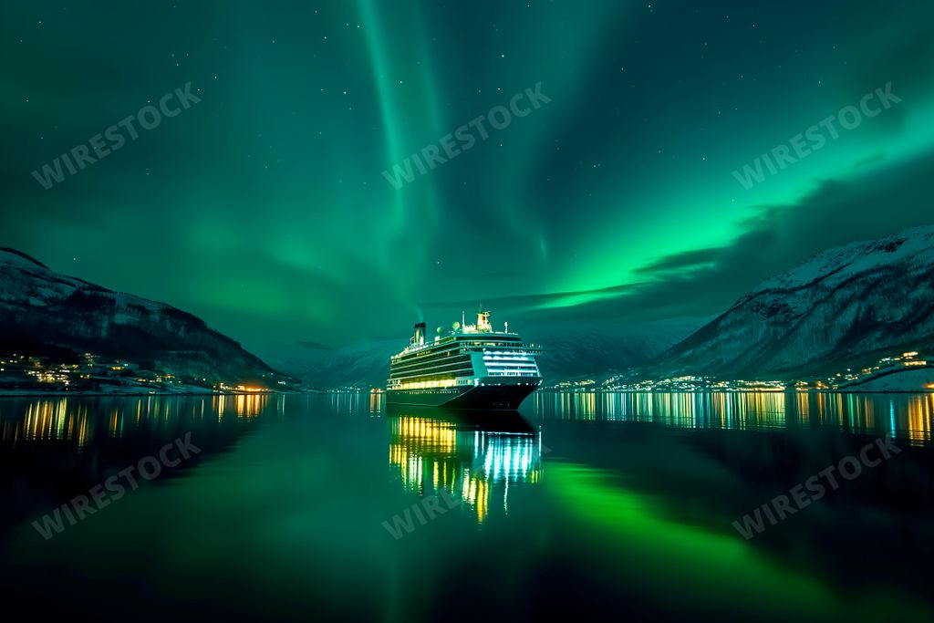 An AI generated illustration of Cruise ship sails beneath stunning aurora lights on river