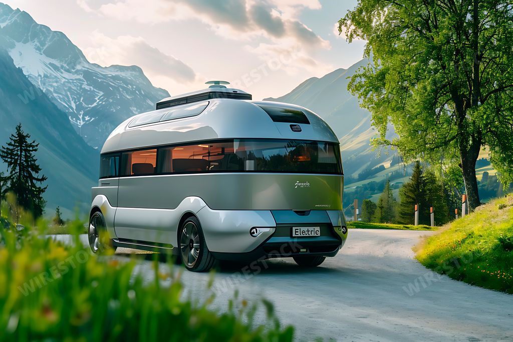 An AI generated illustration of Electric car driving on road near forest and mountains