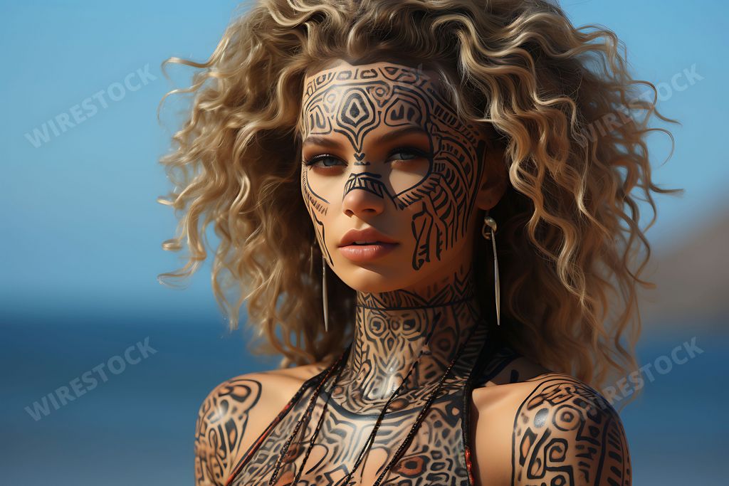 An AI generated illustration of a young woman with tattoos on her face and body