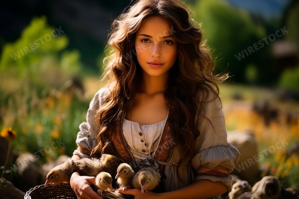 An AI generated illustration of a female farmer in a grassy field cradling baby chicks in her arms