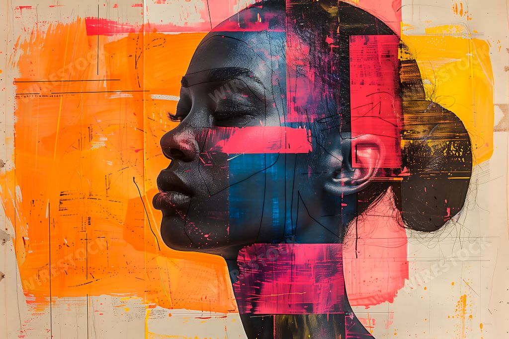An AI generated illustration of Portrait of a woman with colorful geometric shapes painted around her face