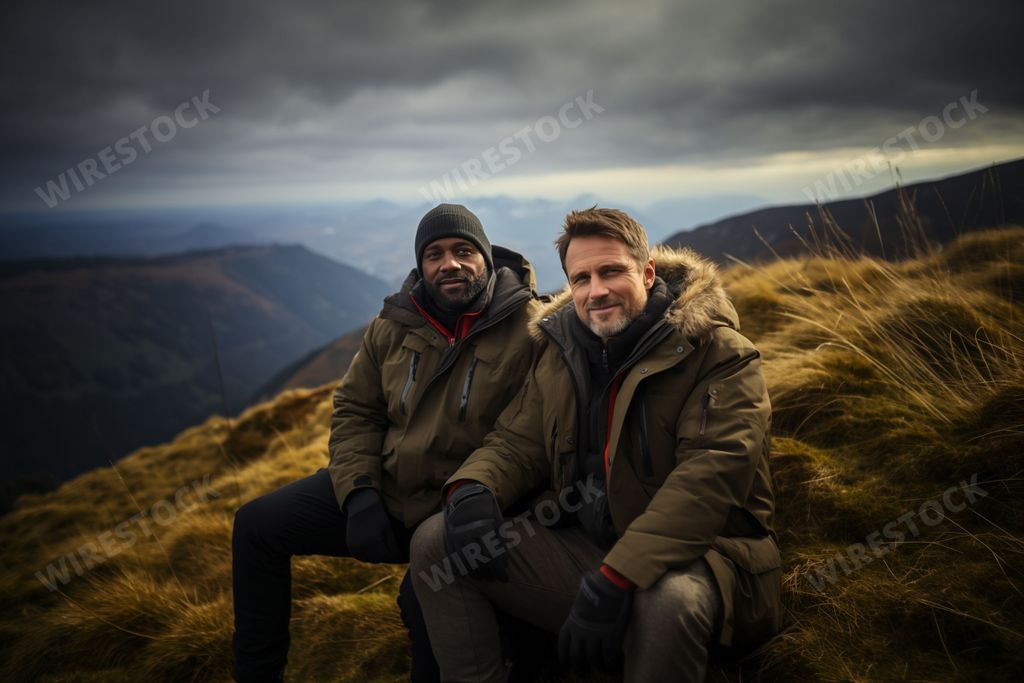 An AI illustration of Two male hikers enjoying the scenery while taking a break from their adventure, sitting atop a large rock in a grassy field
