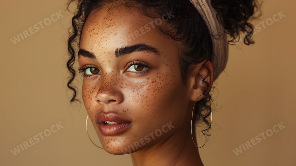 An AI generated illustration of Close-up of a woman with freckles on her face