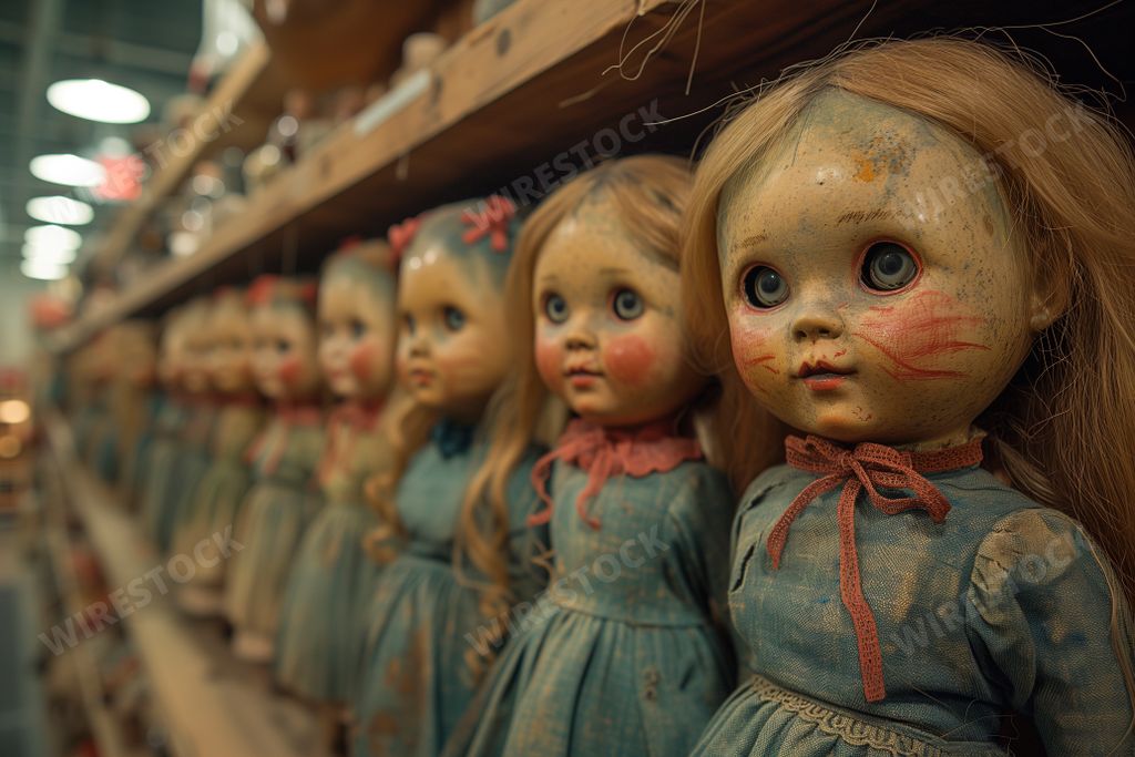 A row of antique creepy dolls displayed on store shelves, AI-generated.
