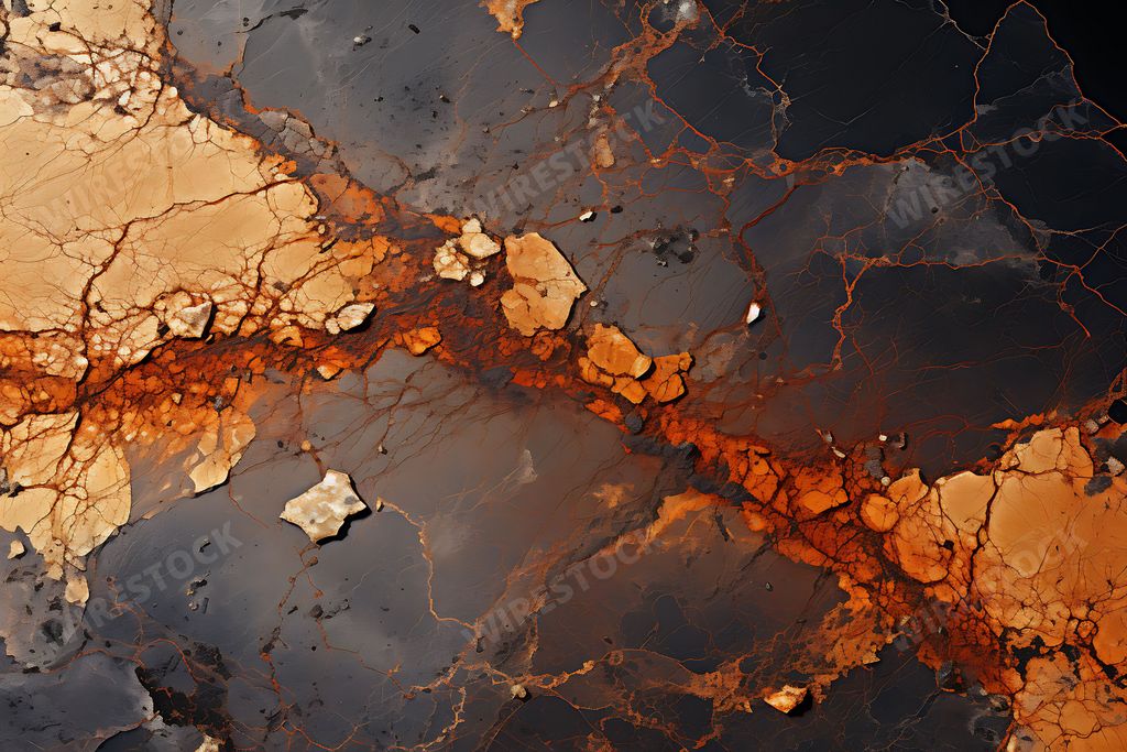 An AI illustration of a black marble surface with iron oxide streaks