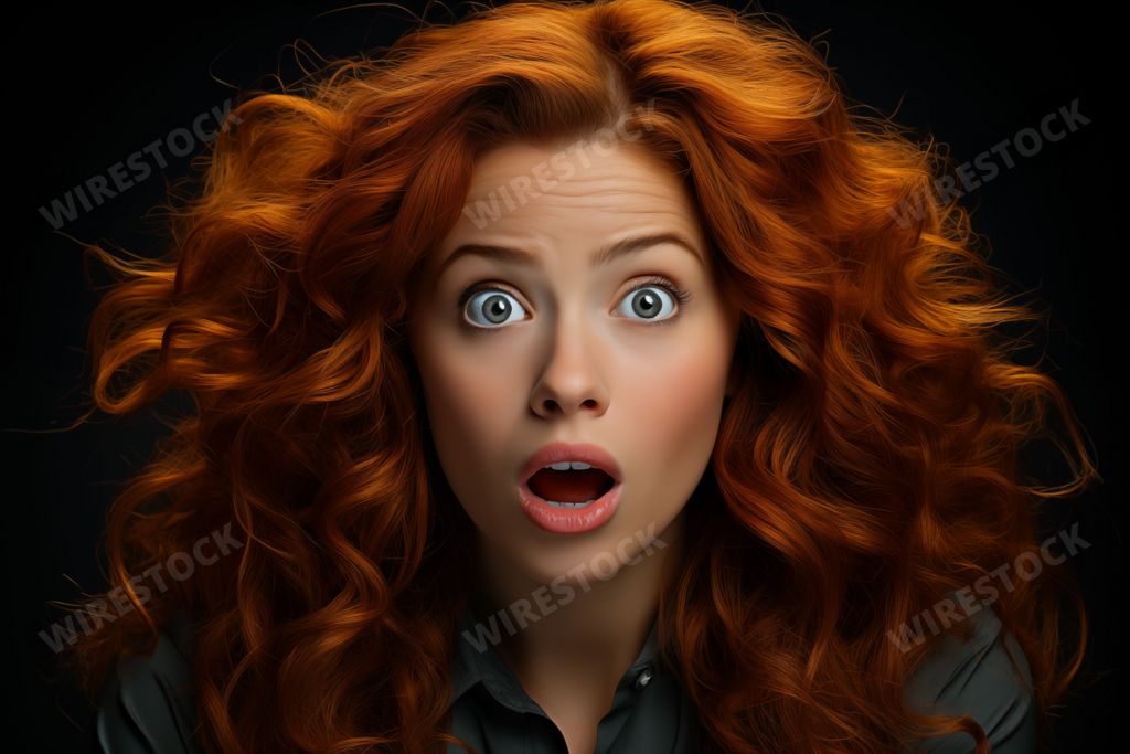 An AI illustration of a female with bright red hair and an astonished facial expression