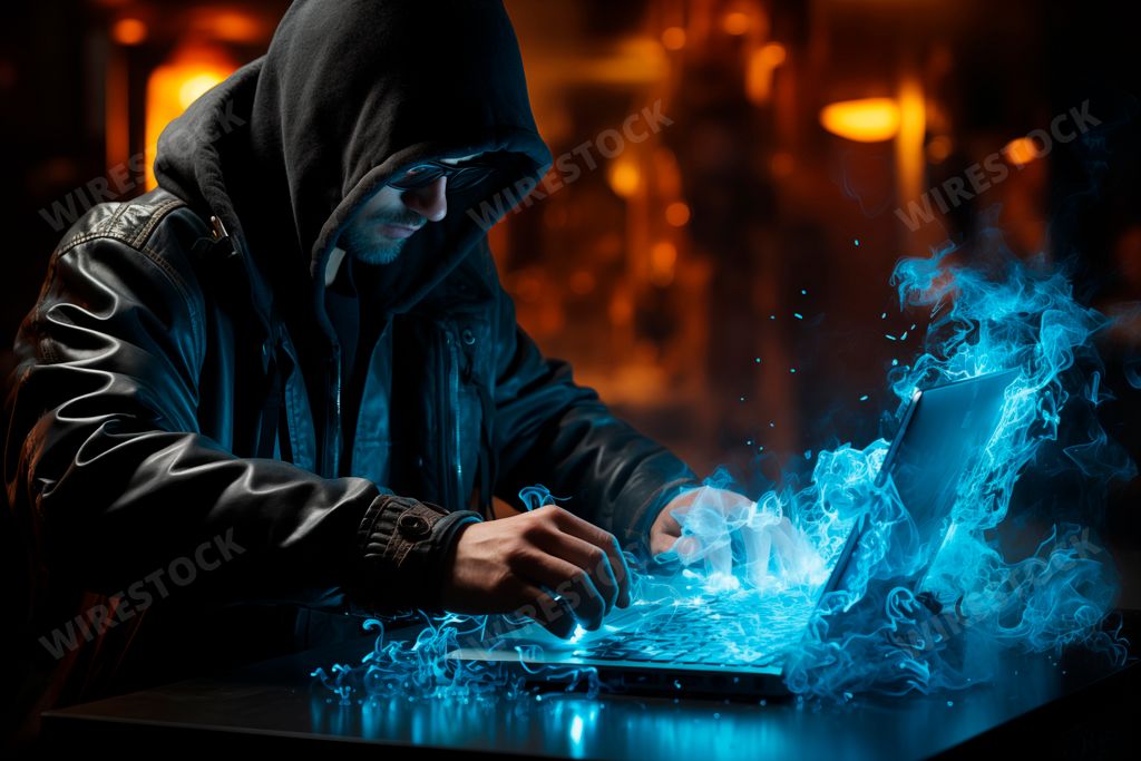 An AI illustration of A young adult male wearing a hooded sweatshirt is utilizing a laptop computer.