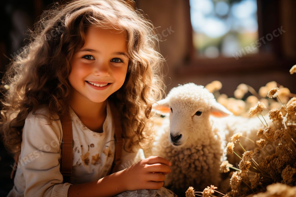 An AI generated illustration of a young girl in a family farm, cradling a small white sheep in her arms