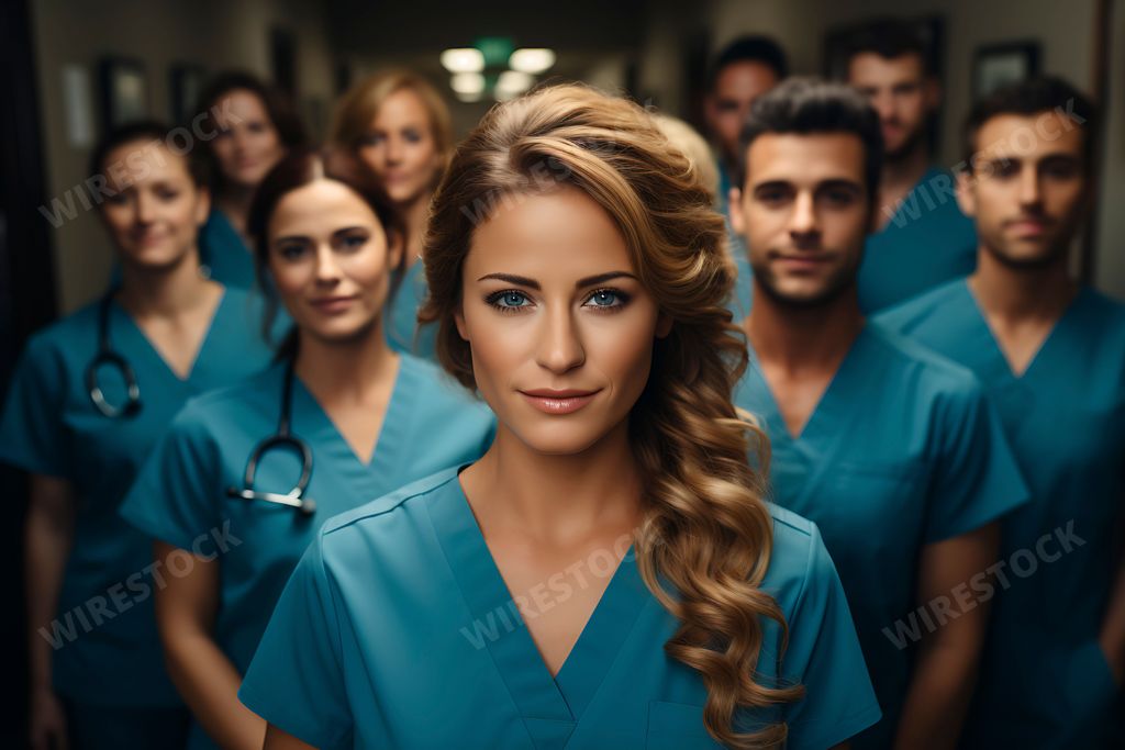 An AI generated illustration of a young female doctor standing with her team in uniform