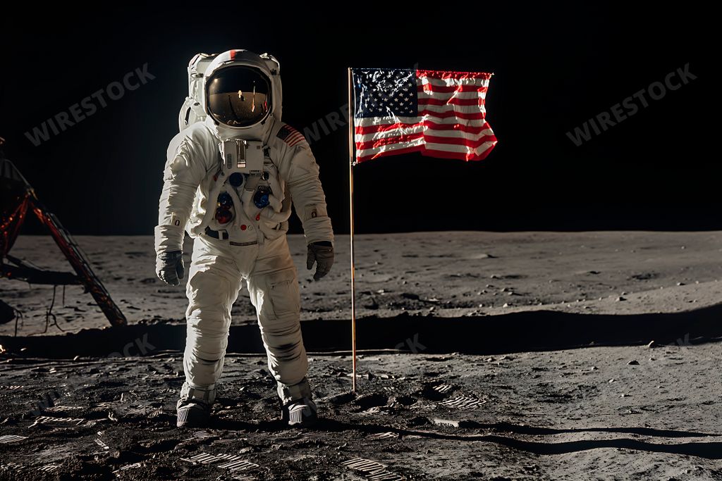 An AI generated illustration of man on moon with american flag, departing