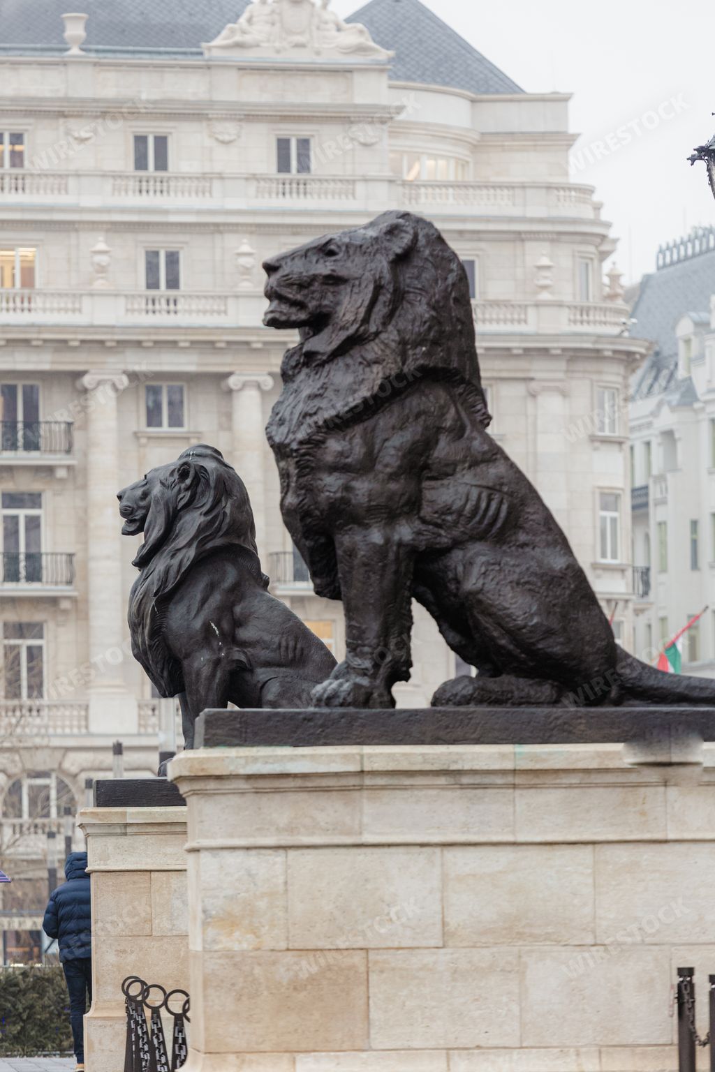 A closeup of a statue infront of the hungarian parliament building