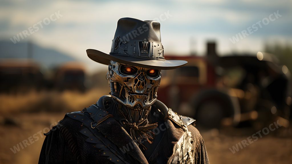 A cyborg cowboy stands his ground, his metal hat gleaming in the sun, AI-generated.