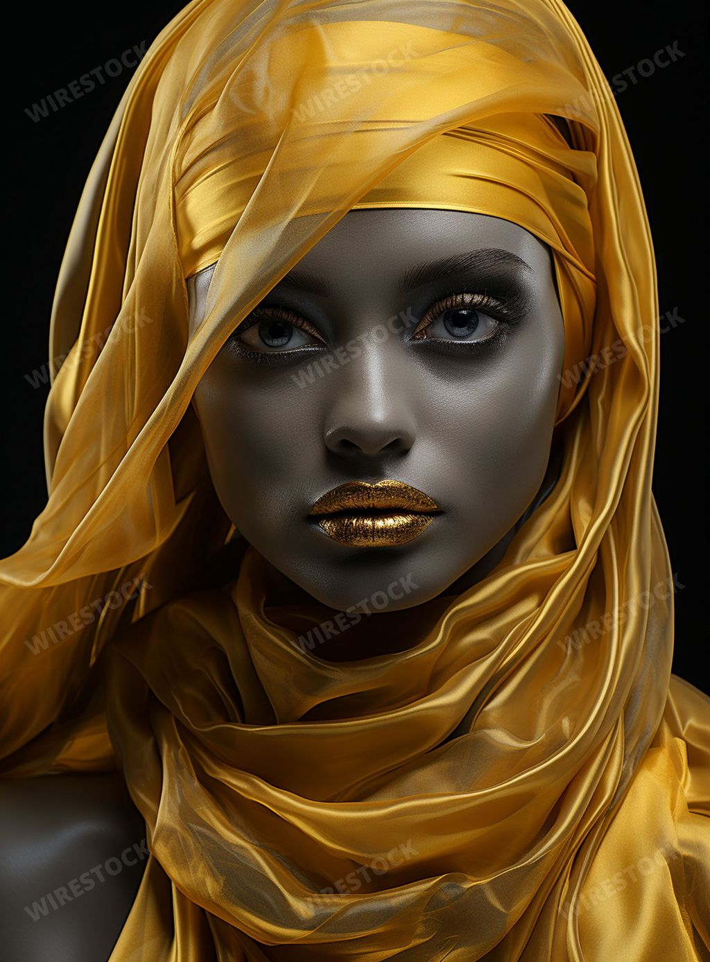 An AI generated illustration of This high fashion beauty shot exquisitely focuses on a model's facial features