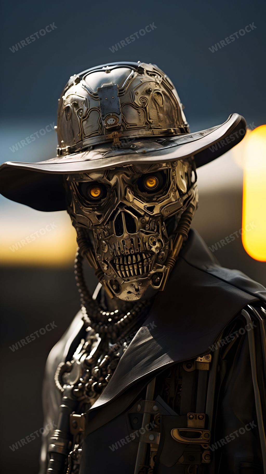 A cyborg cowboy stands wary in the dimming light, hand hovering over his gun, AI-generated.