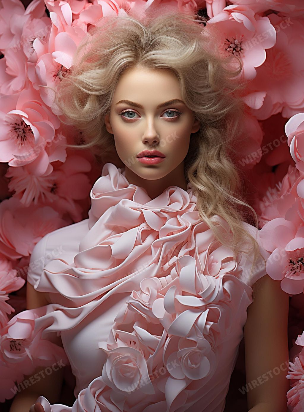In this striking high-fashion photography piece, a female model adorned with pink and white blossoms captivates the viewer.