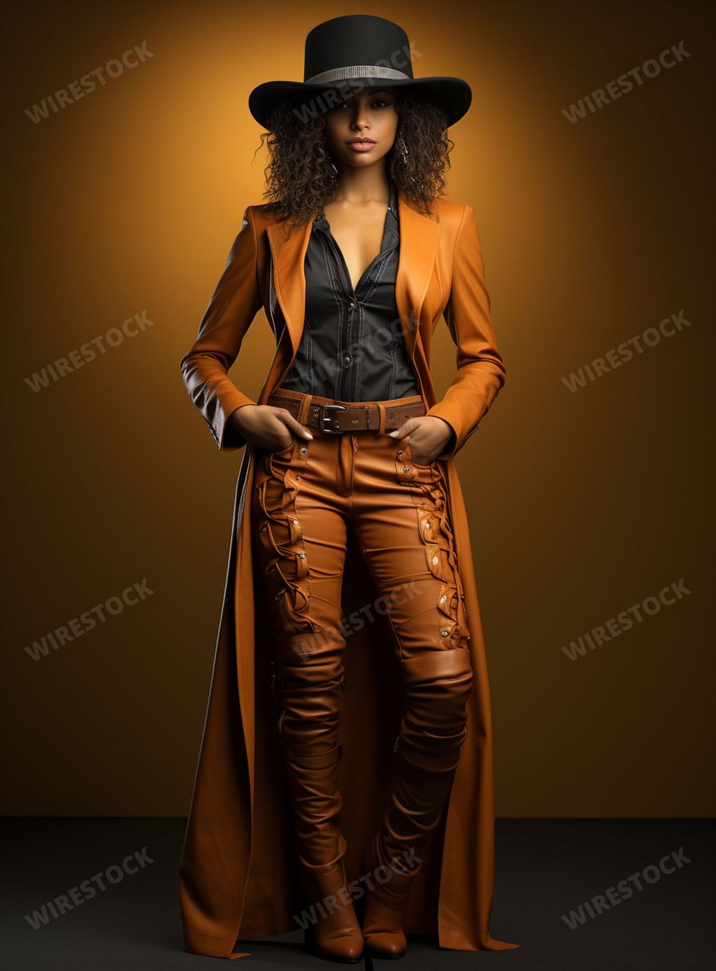 This full-body portrait showcases a modern female subject in the realm of vibrant and provocative high fashion photography.