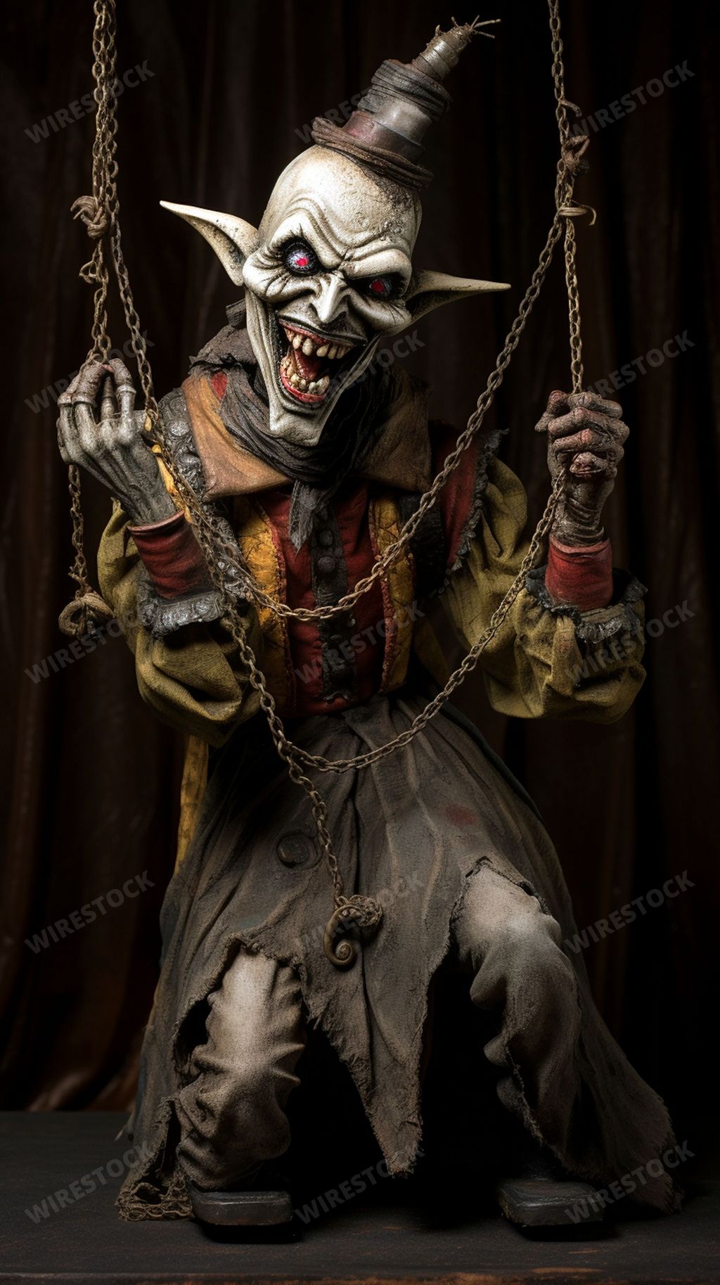 An AI generated illustration of a grotesque jester marionette, tangled in cords, performs with a sharp-toothed grin