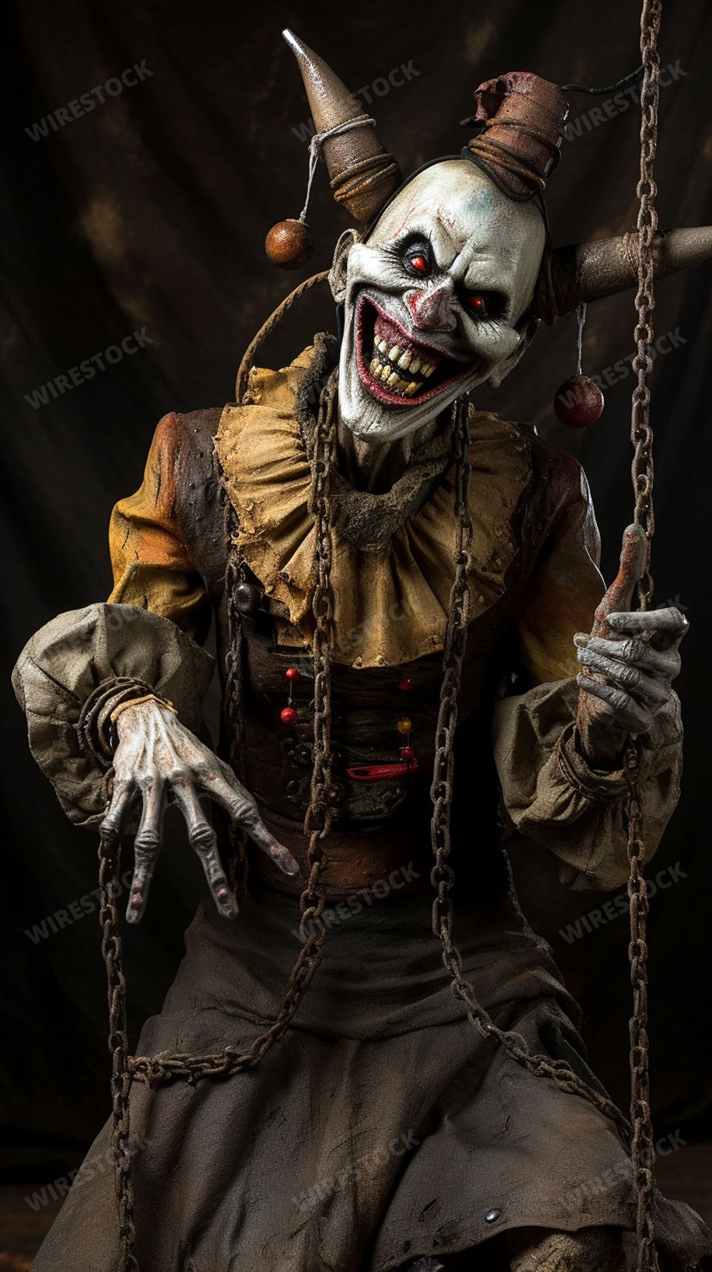 An AI generated illustration of a grotesque jester marionette, tangled in cords, performs with a sharp-toothed grin