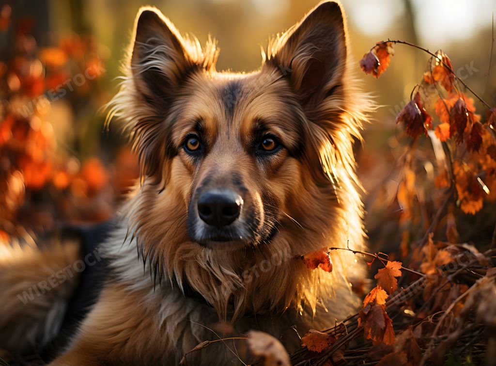 A portrait of a German Shepherd dog with an autumn landscape in the background, AI-generated.
