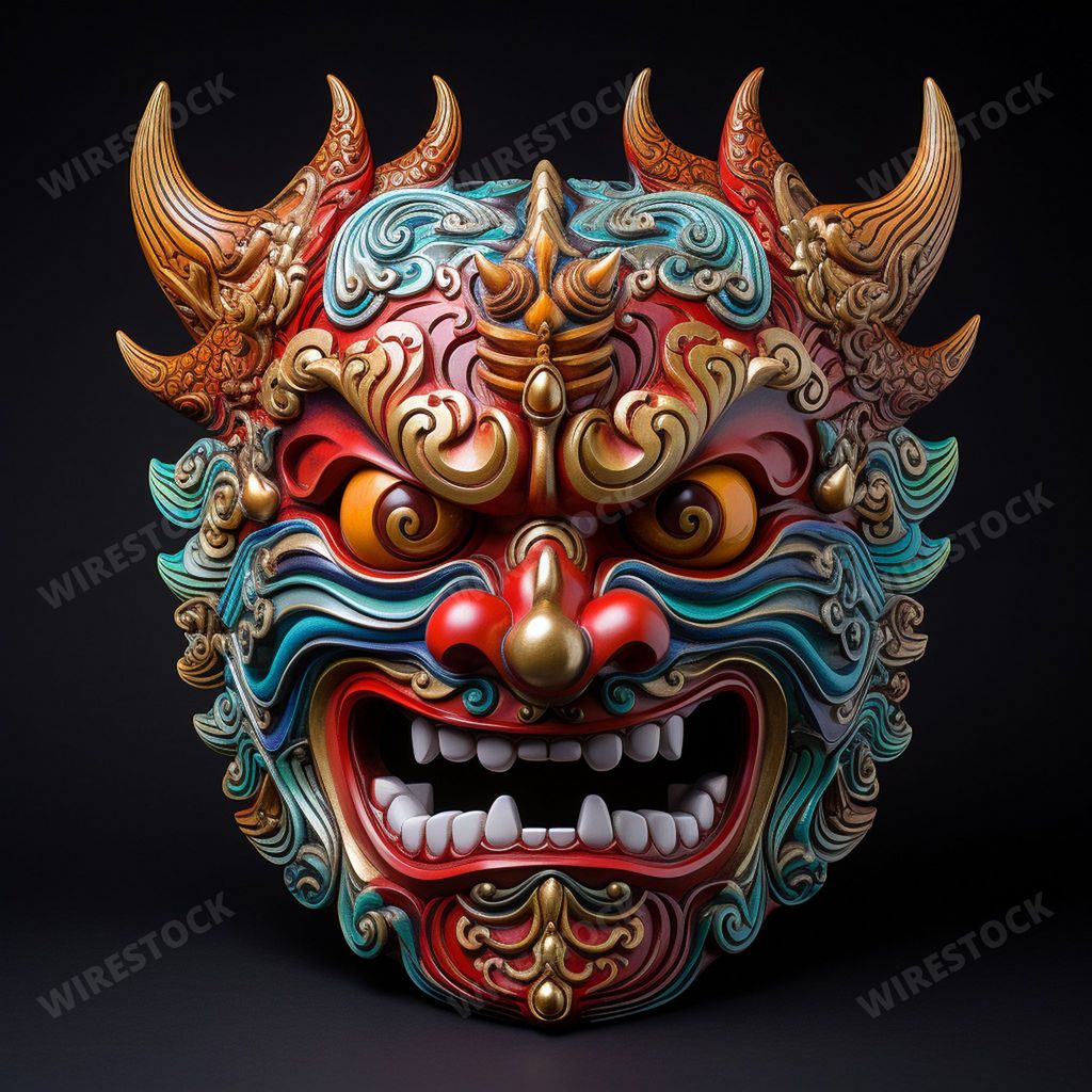 An eerie full-face Akuma Devil mask with gemstones, AI-generated.