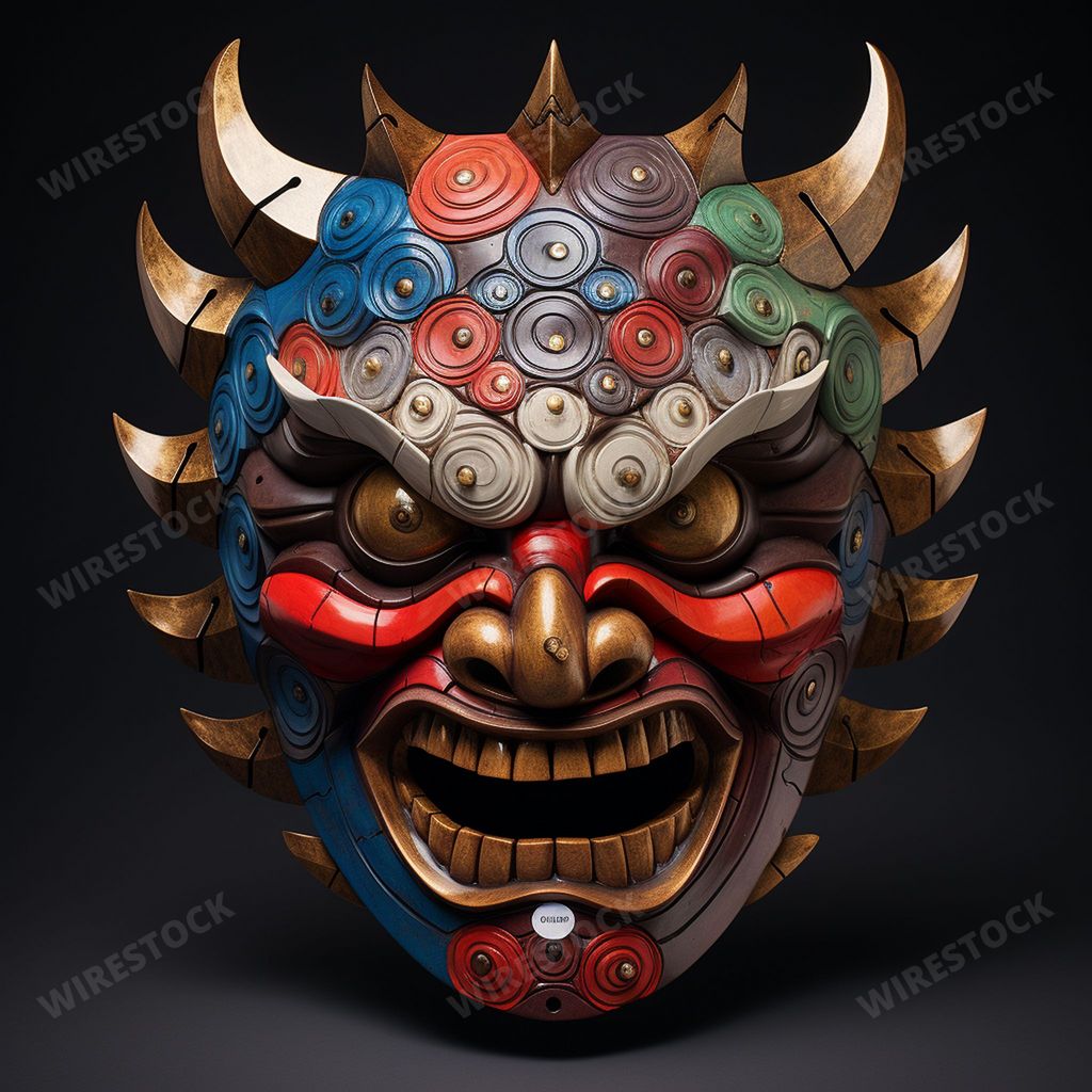 An AI generated illustration of Eerie full-face Akuma Devil mask, multicolored scales, gemstone crusts, metallic hues, and divine proportions.