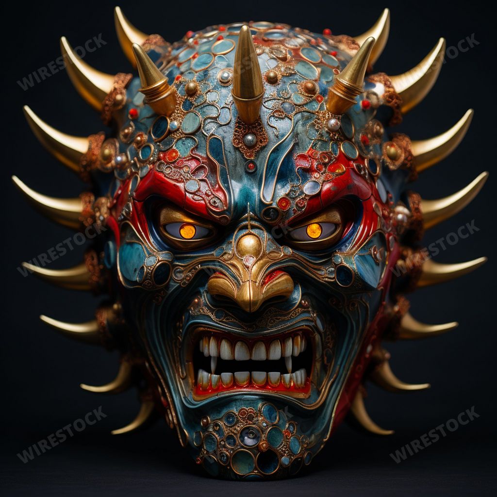 An AI generated illustration of Eerie full-face Akuma Devil mask, multicolored scales, gemstone crusts, metallic hues, and divine proportions.