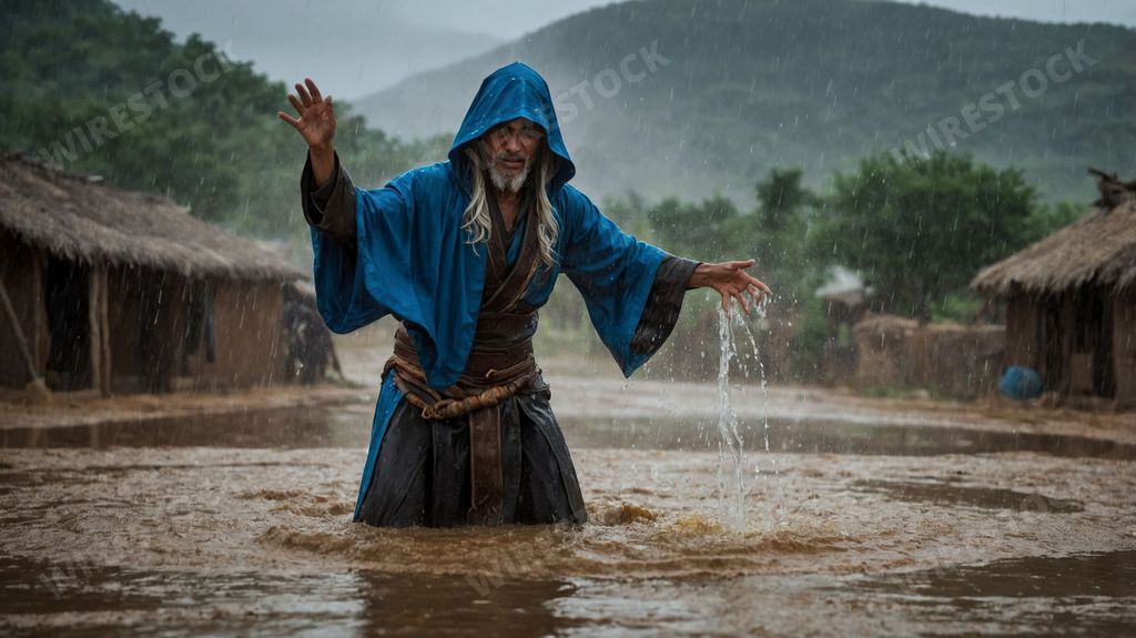 An AI generated illustration of A man in traditional attire stands in a flooded village during heavy rain with mountains in the background.