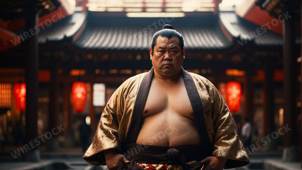An AI illustration of an Asian sumo wrestler standing in front of a Japanese temple.