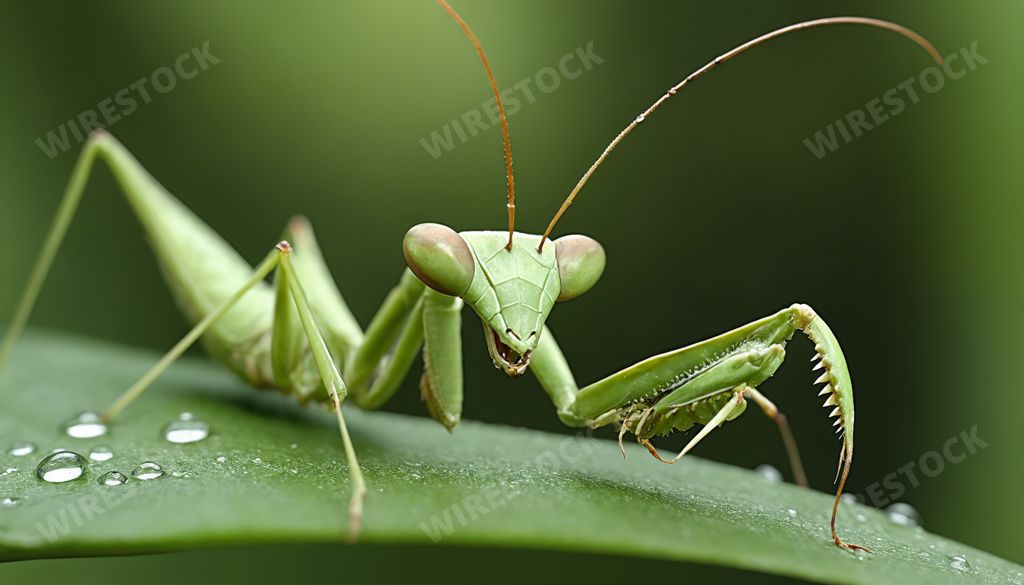 An AI generated illustration of Large insect perched on leaf covered in water droplets