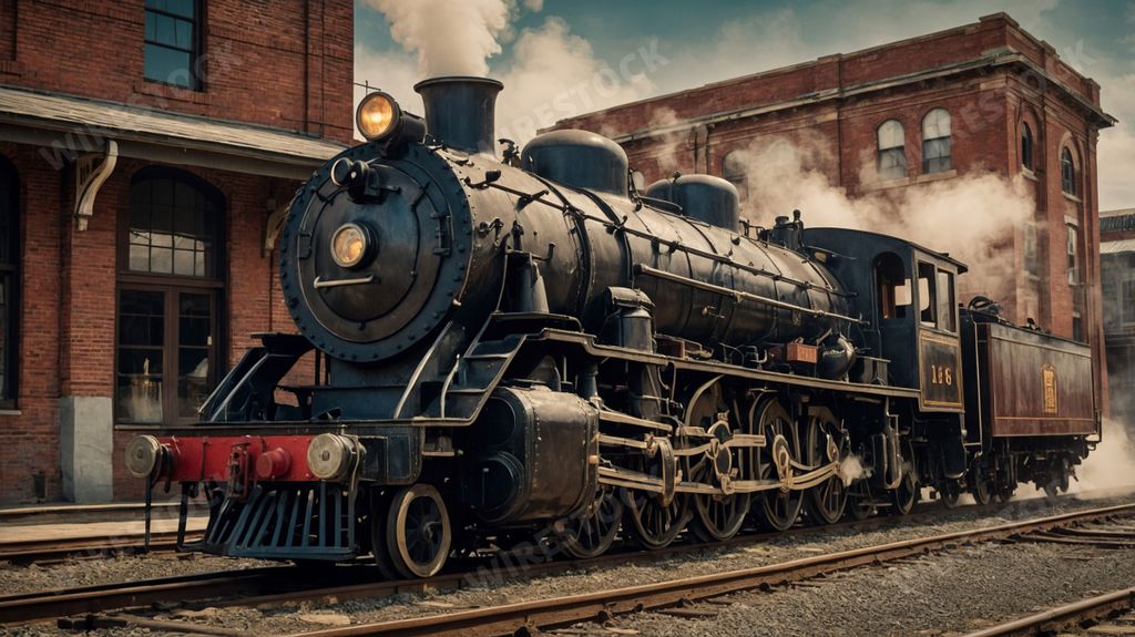 An AI illustration of a vintage steam locomotive at an old train station with brick buildings in the background.