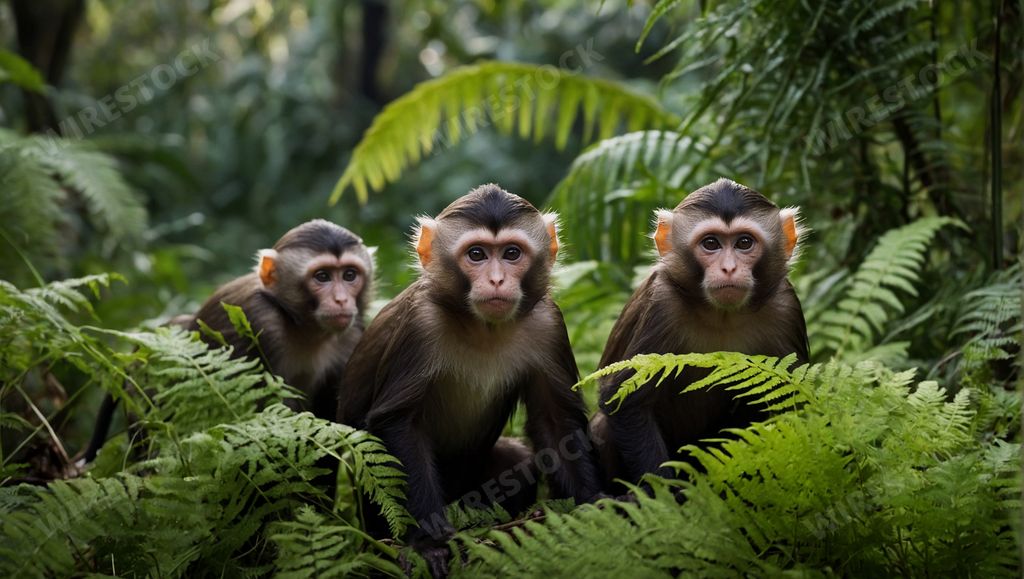 An AI generated illustration of Four monkeys perched on fern leaves with eyes shut