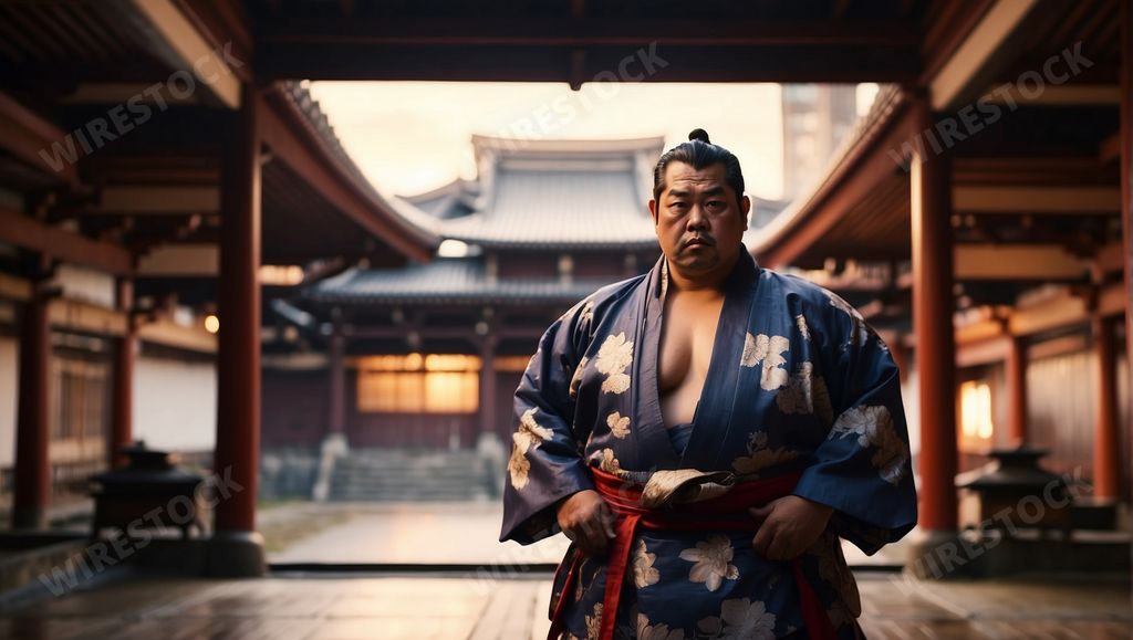 An AI illustration of an Asian sumo wrestler standing in front of a Japanese temple.