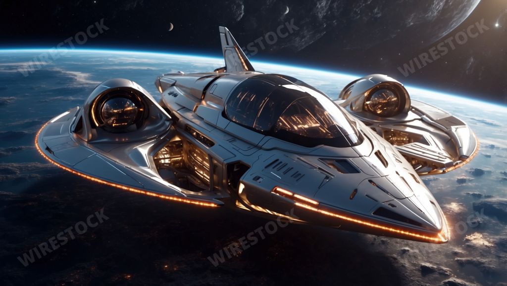 An AI generated illustration of a futuristic spaceship flying above Earth with a view of the planet and distant moons in the background